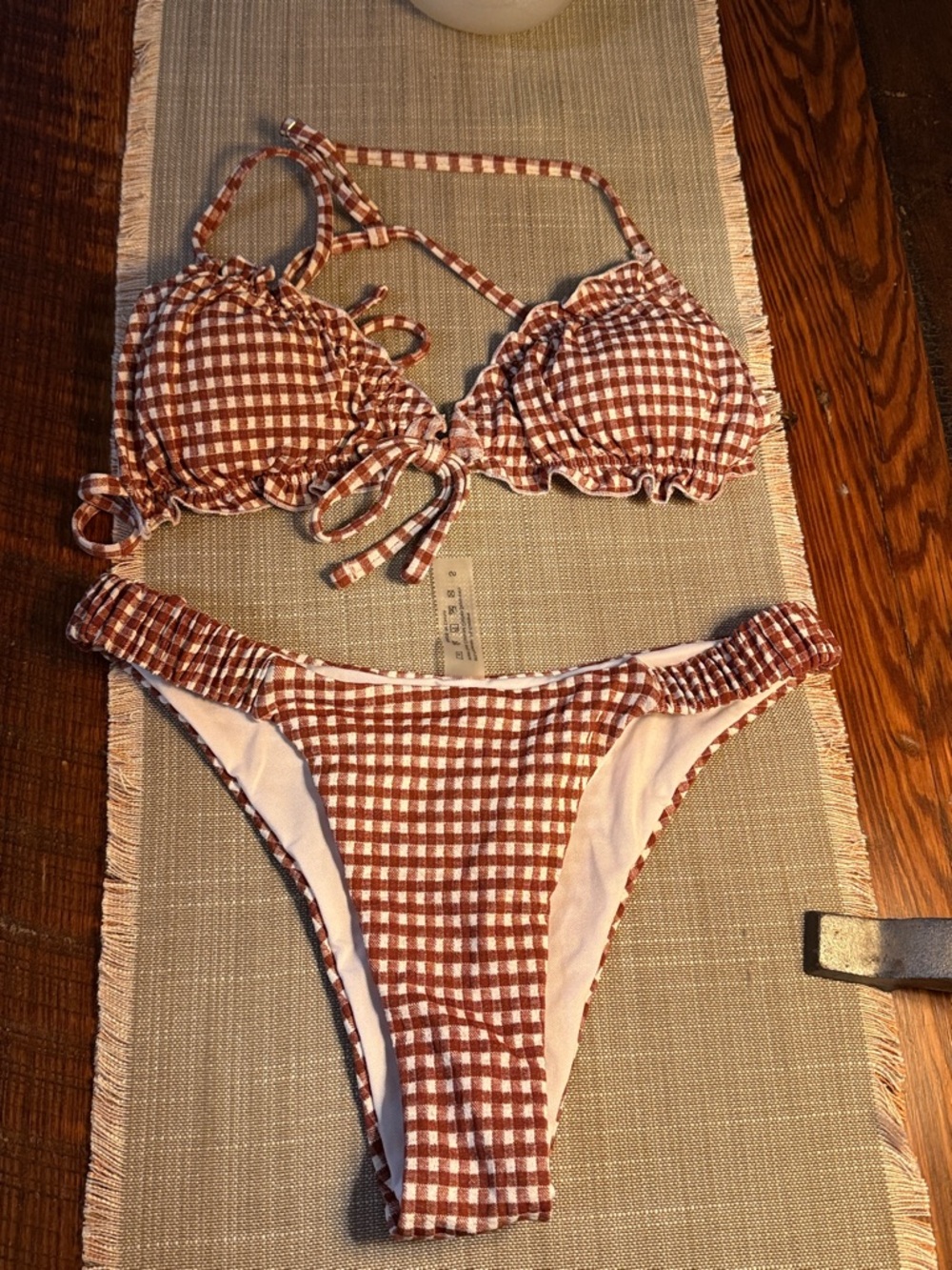 SHEIN Brown Gingham Ruffle Tie Bikini Set